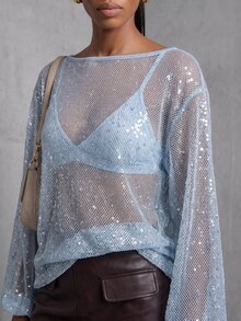 Rouah Women's Sparkly Sequin Mesh Top Light Blue Sheer Long Sleeve Balloon Cover Up Elegant Sexy Shimmer Party Club For Beach Or Resort Summer Fall Autumn - Baby Blue - View 4