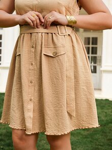 VOLUPTÉ CURVE Plus Size Women's Spring/Summer Khaki Linen-Look Stand Collar Sleeveless Beaded Short Dress, Elegant Casual Vacation Dress With Belt - Khaki - View 6