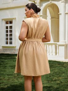 VOLUPTÉ CURVE Plus Size Women's Spring/Summer Khaki Linen-Look Stand Collar Sleeveless Beaded Short Dress, Elegant Casual Vacation Dress With Belt - Khaki - View 3