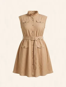 VOLUPTÉ CURVE Plus Size Women's Spring/Summer Khaki Linen-Look Stand Collar Sleeveless Beaded Short Dress, Elegant Casual Vacation Dress With Belt - Khaki - View 10