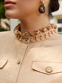 VOLUPTÉ CURVE Plus Size Women's Spring/Summer Khaki Linen-Look Stand Collar Sleeveless Beaded Short Dress, Elegant Casual Vacation Dress With Belt - Khaki - View 5