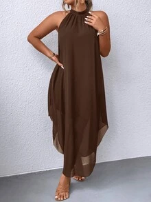 EMERY ROSE Plus Solid Asymmetrical Hem Halter Neck Dress Maxi Women Outfit - Brown - View 3