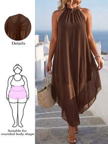 EMERY ROSE Plus Solid Asymmetrical Hem Halter Neck Dress Maxi Women Outfit - Brown - View 7