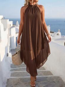 EMERY ROSE Plus Solid Asymmetrical Hem Halter Neck Dress Maxi Women Outfit - Brown - View 1