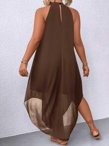 EMERY ROSE Plus Solid Asymmetrical Hem Halter Neck Dress Maxi Women Outfit - Brown - View 2