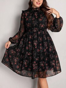 SHEIN LUNE Plus Size Women's Floral Print Mesh Lantern Sleeve Elegant Dress - Multicolor - View 1