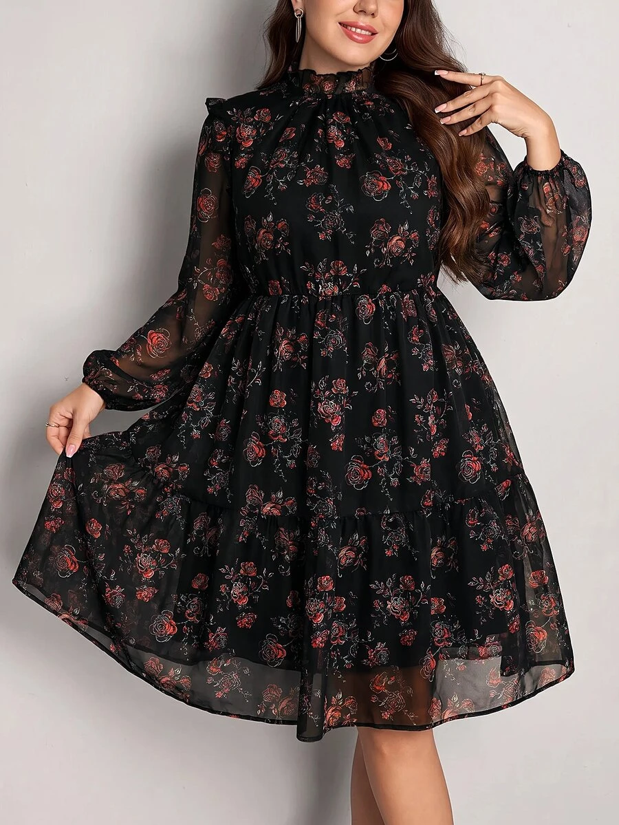 SHEIN LUNE Plus Size Women's Floral Print Mesh Lantern Sleeve Elegant Dress - Multicolor - View 1