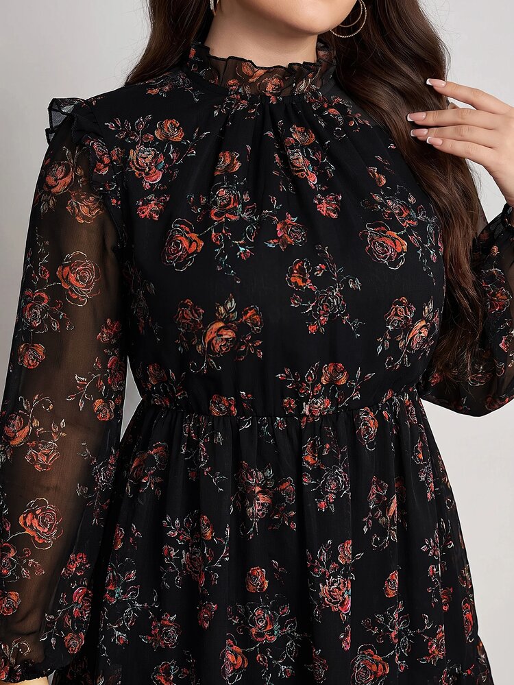 SHEIN LUNE فستان أنيق للنساء بمقاسات كبيرة بطبعة زهرية وأكمام فانوس من الشبك - متعدد الألوان - مشاهدة 3