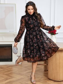 SHEIN LUNE Plus Size Women's Floral Print Mesh Lantern Sleeve Elegant Dress - Multicolor - View 4