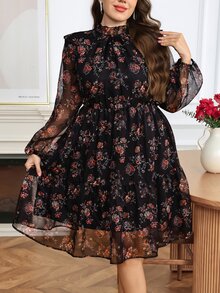 SHEIN LUNE Plus Size Women's Floral Print Mesh Lantern Sleeve Elegant Dress - Multicolor - View 5