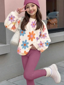 SHEIN 青少年女孩圓領休閒落肩運動衫與修身緊身褲2件套 - 白色 - 查看 3