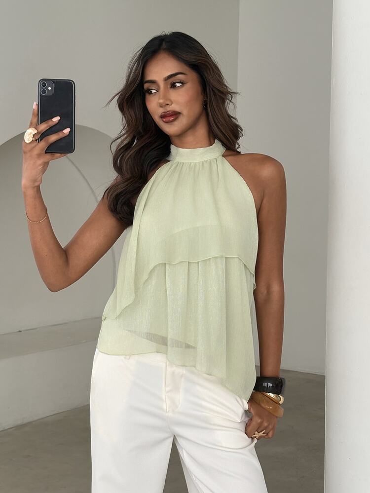 Aloruh Women's Solid Color Ruffle Neck Sleeveless Top Summer Beach Vacation For Woman Vacation Boho Elegant Tropical Lime Green - Green - View 5