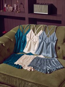 SilkySpell 3pcs Solid Color Silky Imitated Silk Backless Sexy Cami Top & Shorts Sleepwear Set - Multicolor - View 2