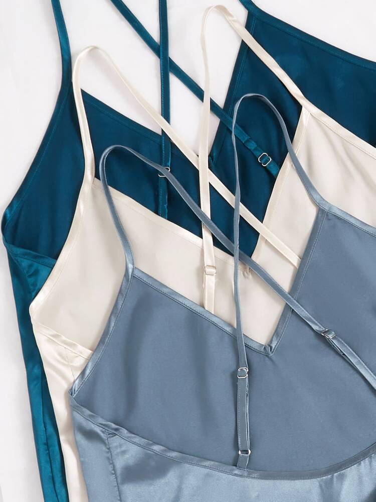 SilkySpell 3pcs Solid Color Silky Imitated Silk Backless Sexy Cami Top & Shorts Sleepwear Set - Multicolor - View 4