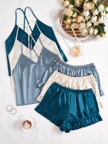 SilkySpell 3pcs Solid Color Silky Imitated Silk Backless Sexy Cami Top & Shorts Sleepwear Set - Multicolor - View 6