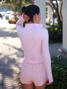 Nelanie Turli Sporty Chic Contrast Color Zip Up Fitted Yoga Jacket, Elegant Design For Workout, Daily Life & Casual Wear - Baby Pink - View 3