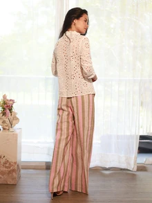 Nelanie Turli Women V-Neck Ruffled Button Embroidery Hollow Out Long Sleeve Casual Linen Blouse - White - View 2