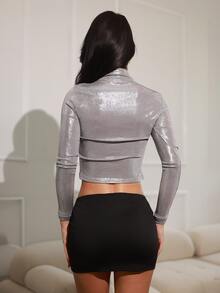 Nelanie Turli Women's Stylish Shiny Slim-Fit Turtleneck Long Sleeve T-Shirt Fall Cloth For Women - Silver - View 2