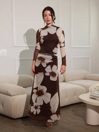 Nelanie Turli New Autumn/Winter Black Floral Floral Mesh Print Party Long Sleeve Fitted Dress Elegant