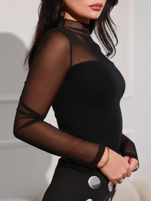 Nelanie Turli تي شيرت ذو رقبة عالية مرن وأنيق، متعدد الاستخدامات للمواعيد والعطلات والعمل، مناسب للخريف والشتاء - الأسود - مشاهدة 5