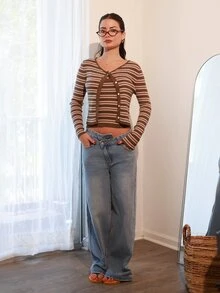 Nelanie Turli Women's Contrast Stripe Fitted Camisole & Long Sleeve Cardigan Casual Vacation Knit 2 Pieces Set, Spring/Autumn - Brown - View 1