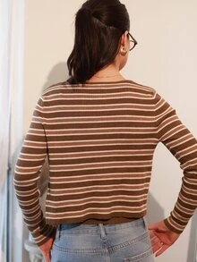 Nelanie Turli Women's Contrast Stripe Fitted Camisole & Long Sleeve Cardigan Casual Vacation Knit 2 Pieces Set, Spring/Autumn - Brown - View 2