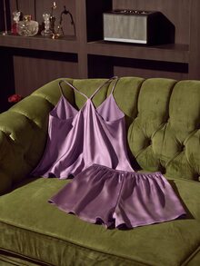 SilkySpell Women Solid Color Camisole And Shorts Pajama Set - Purple - View 2