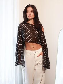 Nelanie Turli 女士休闲波点印花不对称领口开衩袖宽松衬衫，适合春、夏、秋季穿着，适合度假和通勤，夏季 - 黑與白 - 查看 4