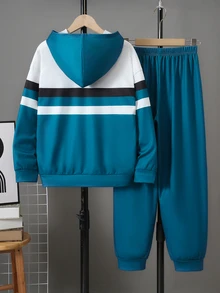 SHEIN 2件組兒童青少年男孩休閒時尚花卉對比字母印花長袖連帽衛衣與運動長褲套裝，舒適適合秋冬穿著 - 綠色 - 查看 3