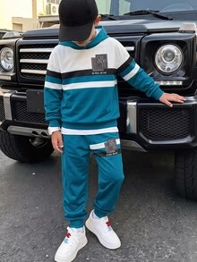 SHEIN 2件組兒童青少年男孩休閒時尚花卉對比字母印花長袖連帽衛衣與運動長褲套裝，舒適適合秋冬穿著 - 綠色 - 查看 4