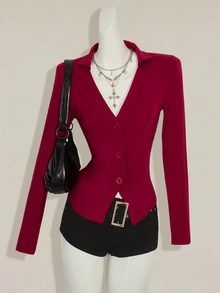 SHEIN ICON 女式修身后背透视刺绣拼布长袖T恤 - 酒紅色 - 查看 10