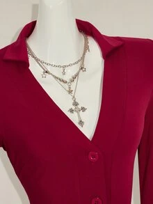 SHEIN ICON 女式修身后背透视刺绣拼布长袖T恤 - 酒紅色 - 查看 7