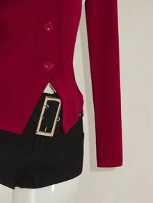 SHEIN ICON 女式修身后背透视刺绣拼布长袖T恤 - 酒紅色 - 查看 8