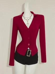 SHEIN ICON 女式修身后背透视刺绣拼布长袖T恤 - 酒紅色 - 查看 3