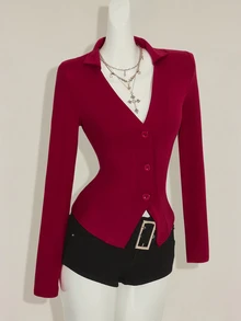SHEIN ICON 女式修身后背透视刺绣拼布长袖T恤 - 酒紅色 - 查看 6