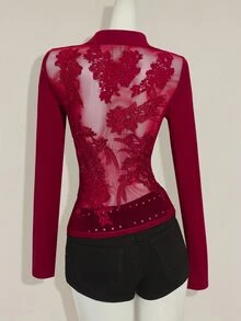 SHEIN ICON 女式修身后背透视刺绣拼布长袖T恤 - 酒紅色 - 查看 2