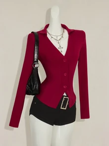 SHEIN ICON 女式修身后背透视刺绣拼布长袖T恤 - 酒紅色 - 查看 5