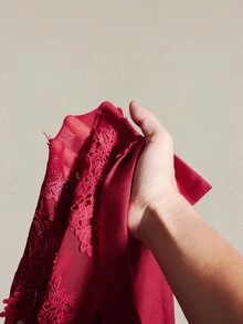SHEIN ICON 女式修身后背透视刺绣拼布长袖T恤 - 酒紅色 - 查看 11