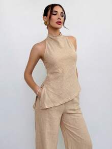 Aloruh 淺米色夏季優雅度假露背掛脖上衣＋長褲套裝，商務休閒女款居家休閒套裝女裝穿搭 - 卡其色 - 查看 2