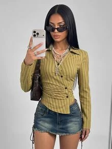 SHEIN ICON Women's Green Fall/Winter  Striped Oblique Placket Waist Ruched V-Neck Long Sleeve Casual Vacation Sexy Blouse - Green - View 1