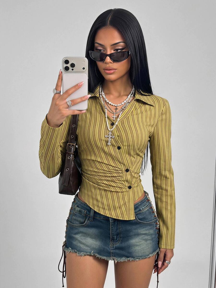 SHEIN ICON Women's Green Fall/Winter Striped Oblique Placket Waist Ruched V-Neck Long Sleeve Casual Vacation Sexy Blouse - Green - View 1