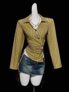SHEIN ICON Women's Green Fall/Winter  Striped Oblique Placket Waist Ruched V-Neck Long Sleeve Casual Vacation Sexy Blouse - Green - View 3