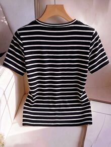 SHEIN Franclia French Sexy Fitted Round Neck Solid Color Decorative Button Short Women's T-Shirt - Multicolor - View 2