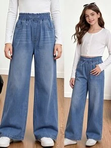 SHEIN 青少年女孩 1件裝 紙袋腰寬腿牛仔褲 - 中等水洗藍 - 查看 3
