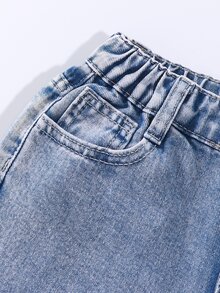 SHEIN ChillGRL 青少年女孩 Y2K 街頭日常彈性腰直筒牛仔褲，平口袋設計，女孩日常 OOTD 套裝 - 淺色水洗藍 - 查看 6