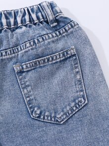 SHEIN ChillGRL 青少年女孩 Y2K 街頭日常彈性腰直筒牛仔褲，平口袋設計，女孩日常 OOTD 套裝 - 淺色水洗藍 - 查看 7