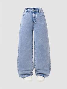 SHEIN ChillGRL 青少年女孩 Y2K 街頭日常彈性腰直筒牛仔褲，平口袋設計，女孩日常 OOTD 套裝 - 淺色水洗藍 - 查看 1