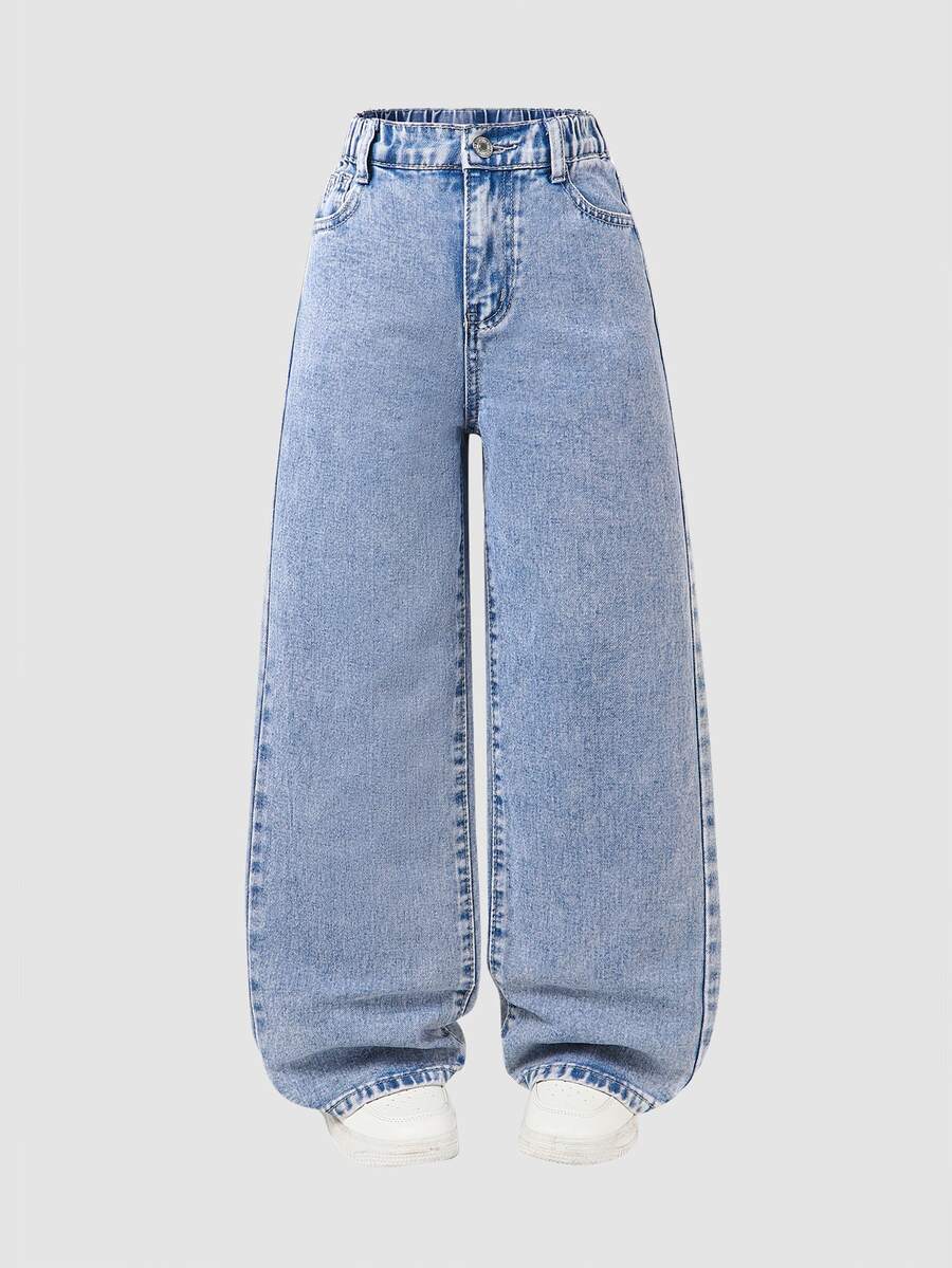 SHEIN ChillGRL 青少年女孩 Y2K 街頭日常彈性腰直筒牛仔褲,平口袋設計,女孩日常 OOTD 套裝 - 淺色水洗藍 - 查看 1