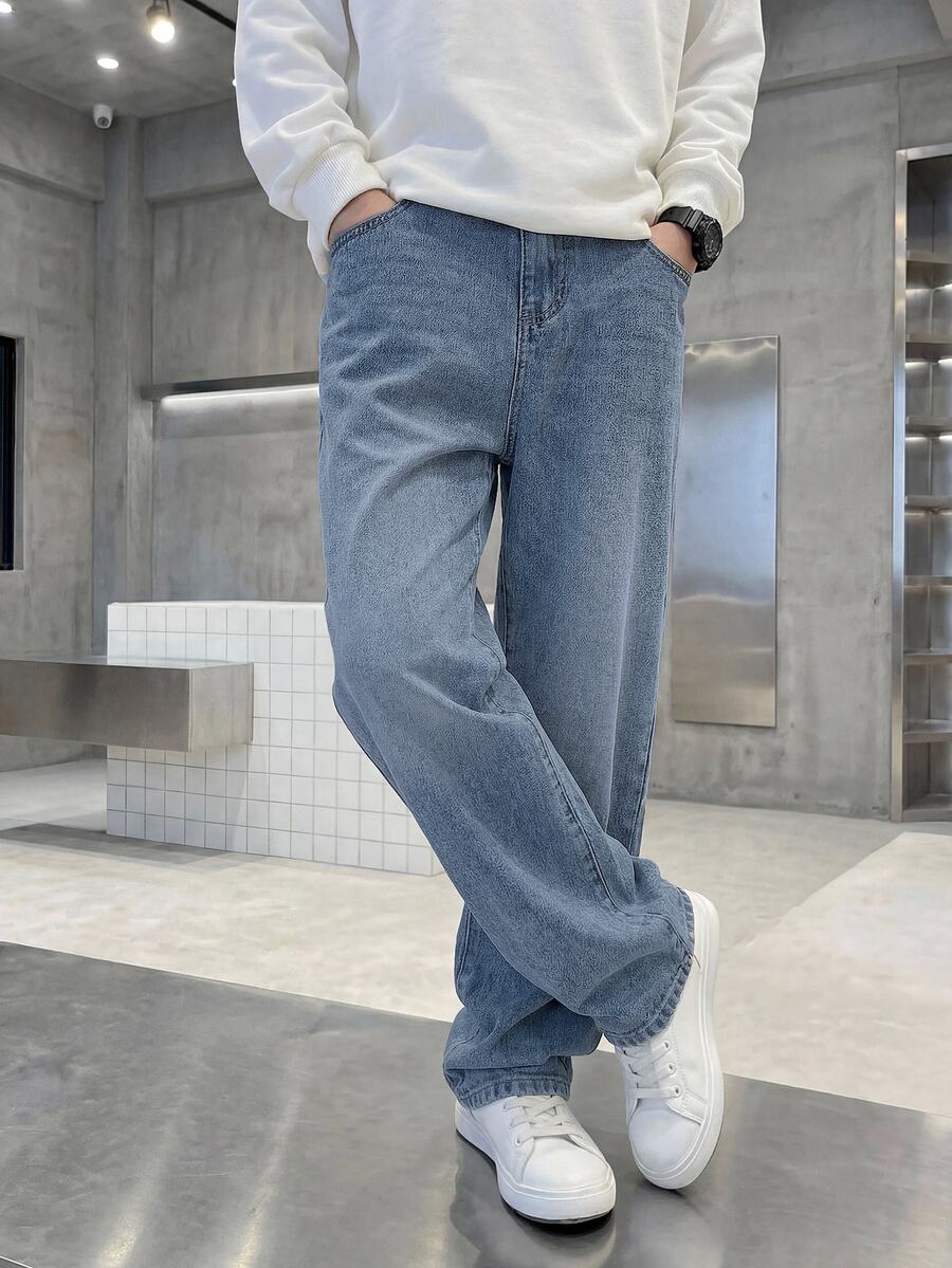 大童男童牛仔長褲，時尚休閒復古 Y2K 基礎極簡百搭寬鬆舒適直筒牛仔褲，適合日常穿著、返校、休閒通勤、假期旅行等，春夏新款寬鬆復古中藍色兒童牛仔長褲