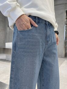 大童男童牛仔長褲，時尚休閒復古 Y2K 基礎極簡百搭寬鬆舒適直筒牛仔褲，適合日常穿著、返校、休閒通勤、假期旅行等，春夏新款寬鬆復古中藍色兒童牛仔長褲 - 中等水洗藍 - 查看 6
